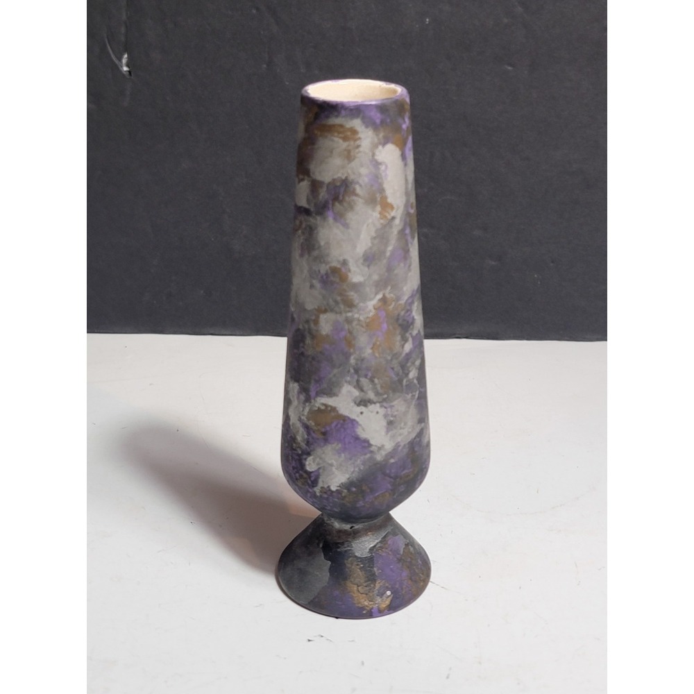 Miniature Ceramic Vase 6" Tall Drip Purple Gold Silver Tones France Vintage